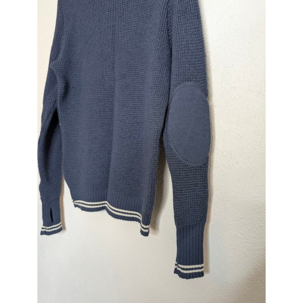 Devold Mens Small Navy Blue Knit Sweater Elbow Patches Norway 1/4 Zip Thumbholes View 2